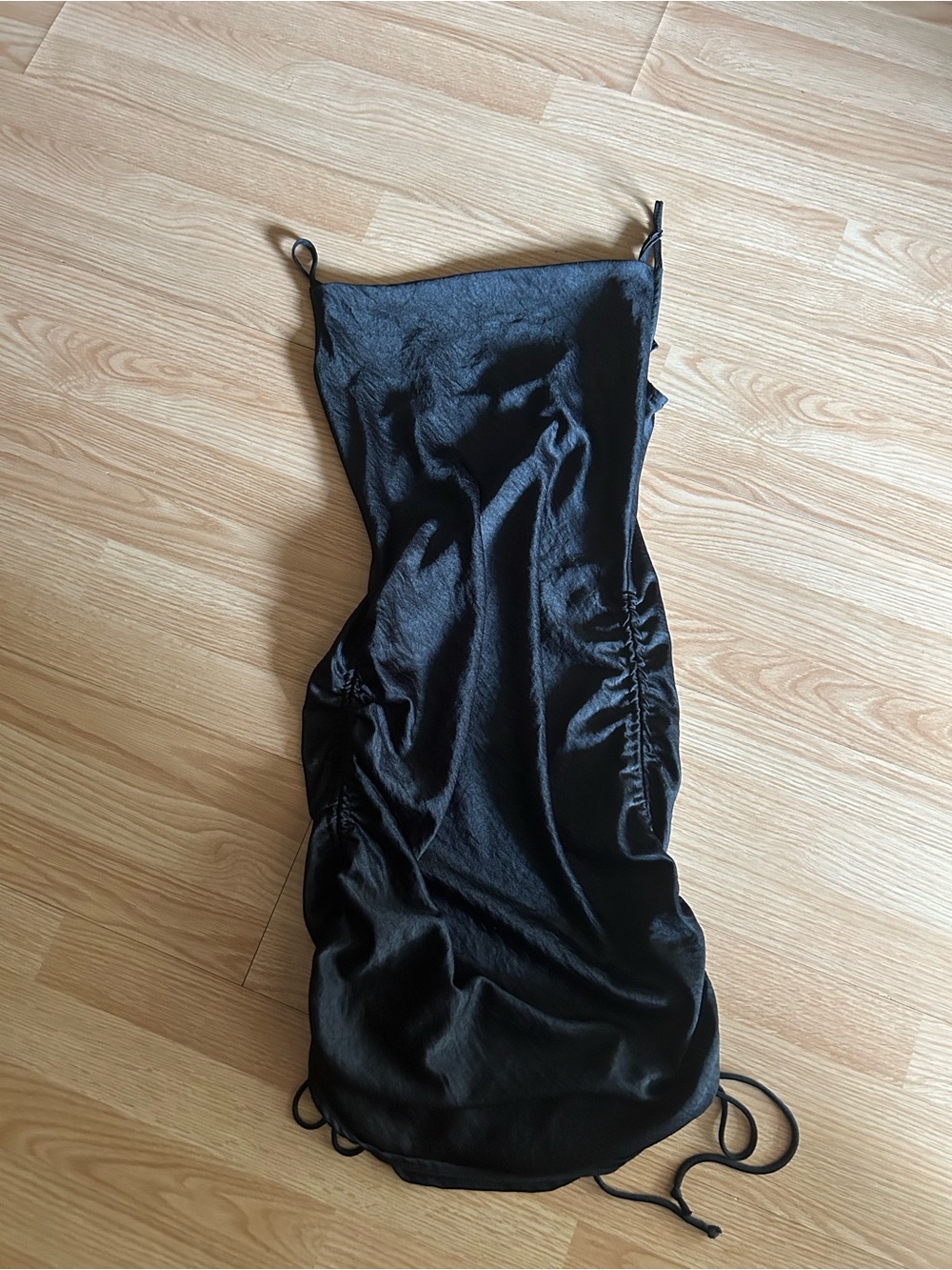 By Together Black Satin Square Neck Ruched Mini Dress Small